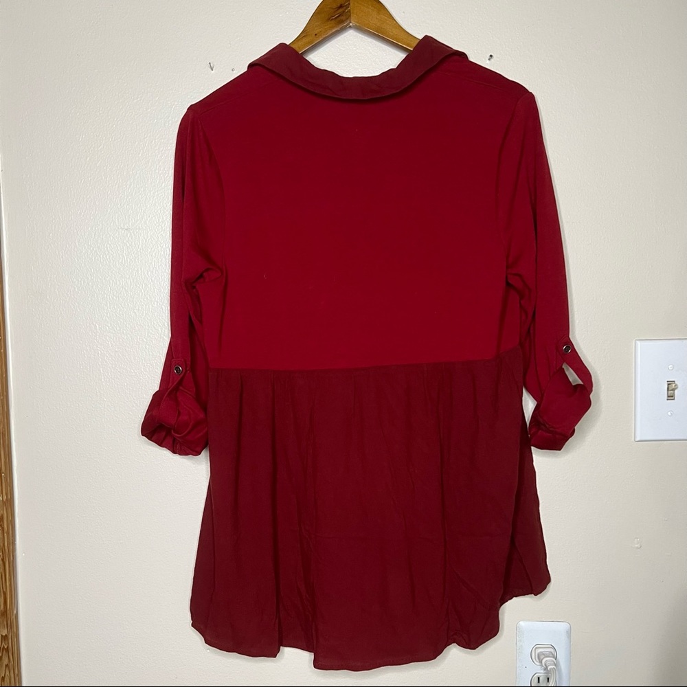 Entro Women Red Mixed Media Button Down Tunic Roll Tab Sleeve Top Small - Picture 7 of 8